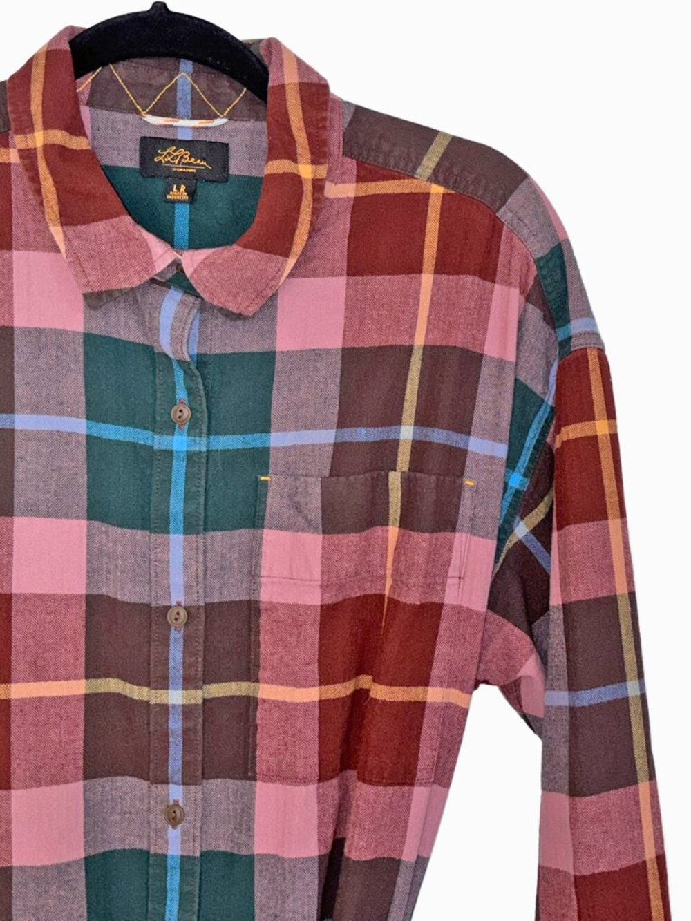 LL Bean Signature 100% Cotton Multicolor Plaid Flannel Belted Shirt Dress - Sz L